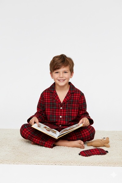 Free Beka Red Plaid Patterned Long Sleeve Shirt Collar Buttoned Children's Pajama Set and Eye Patch