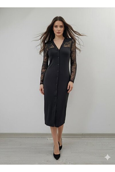 JANES Γυναικείο μακρυμάνικο φόρεμα με διάφανη λεπτομέρεια μεσαίου μήκους