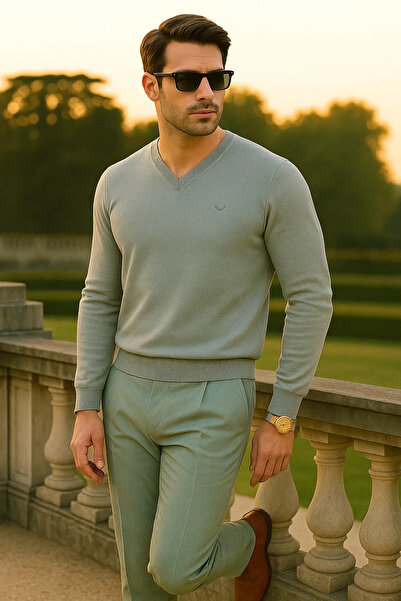 Maccali Men's Trend Casual Long V-Neck Gray Sweater