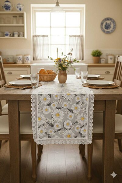 Rona Home Custom-Made Runner with Lace Trim, Decorative Daisy Runner, Washable and Wipeable Dining Runner.
