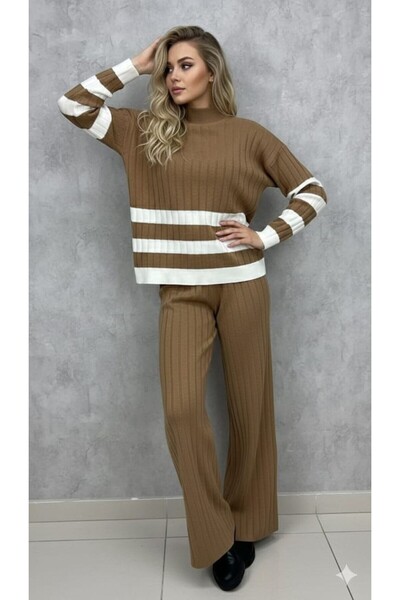 GİYSİ DÜNYASI 57 Knitted Fabric Thick Striped Detail Sweater Pants 2-Piece Set