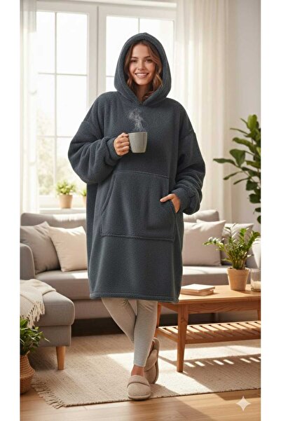 MOONSAND Wellsoft Kapşonlu Giyilebilir Tv Battaniyesi Unisex Over Size -ANTRASİT GRİ (1 Adet Ürün)