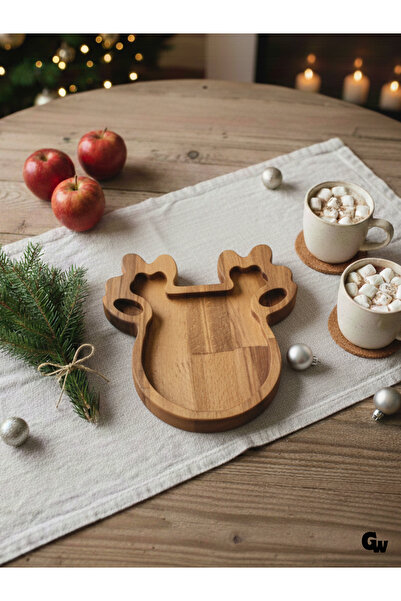 GOLDENWOODEN Christmas Presentation Plate Christmas Deer Natural Wooden Snack Plate (Beech / Hornbeam)(1 Piece)