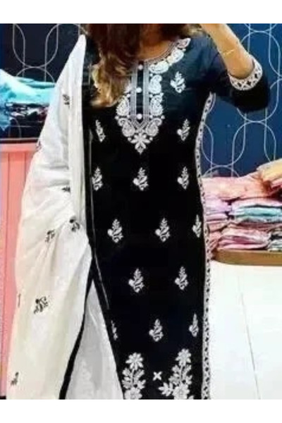 MYSMAR Black Rayon Cotton Kameez Salwar & Dupatta - PMM19250 | Black