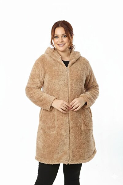 MARMARA FIRSAT Plus Size Zippered Women's Rose Dry Long Fleece Cardigan