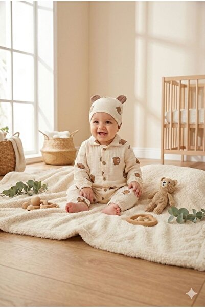 yukobaby bebeğiniz için en doğalı BEBEK BEAR BEJ MÜSLİN %100 PAMUKLU TULUM YE...