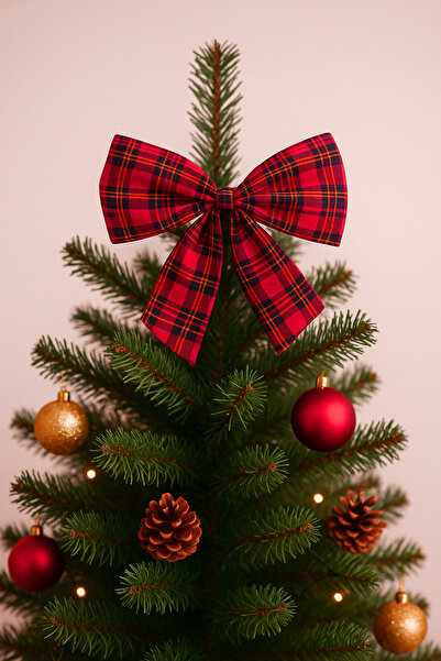 Pretty Ekoseli Dekoratif Büyük Fiyonk – Yılbaşı Kapı, Duvar ve Ağaç Süsü