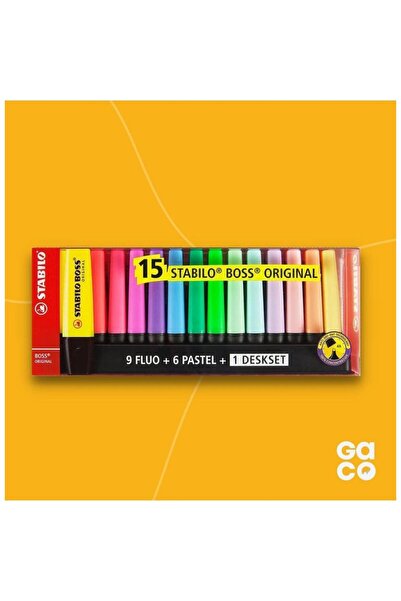 Stabilo BOSS Original Highlighters, 15 colors/set (9 fluorescent, 6 pastel) with desk stand