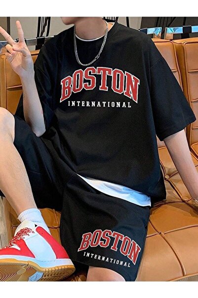 PERISENSE Boston International T-Shirt Shorts - Black T-Shirt with Shorts Top and Bottom Set Printed Oversize Crew Neck