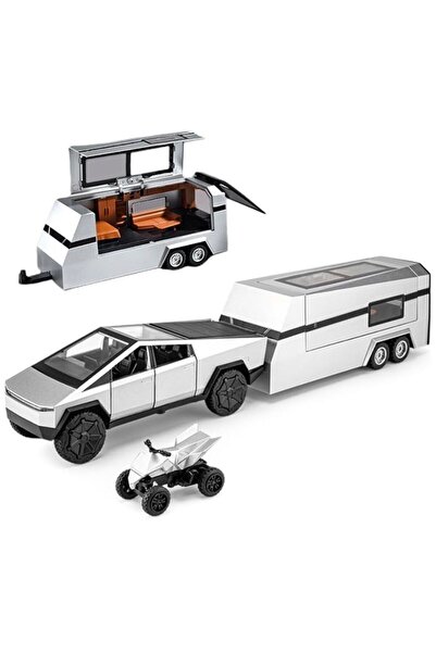 OEM Tesla Cybertruck Metal Car with Trailer and Removable ATV, Lights and Sounds, Moving Doors, 28cm, Gray