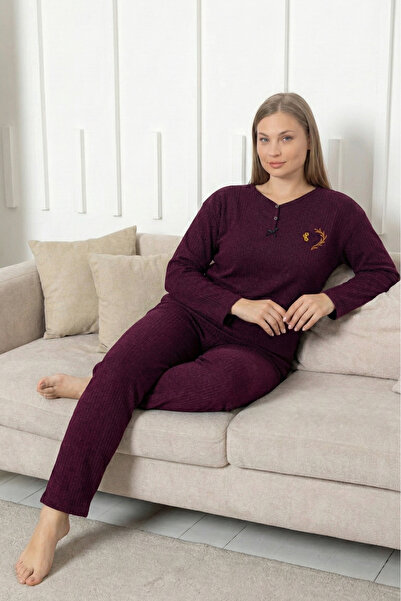 Farya Home Plus Size Cotton Thick Winter Buttoned Stripe Interlock Knitted Pajamas Set