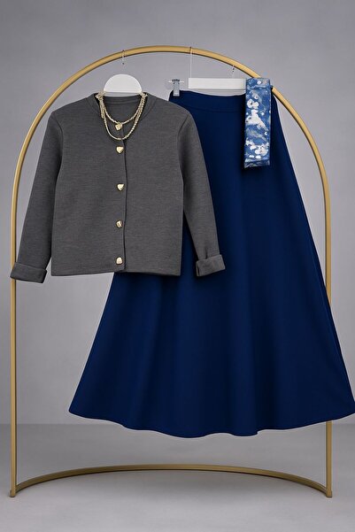 MODA VEDAT Women's Knitwear Cardigan - Puff Scuba Skirt Suit