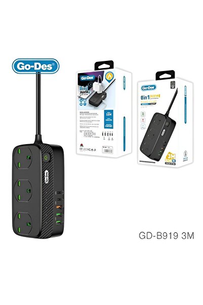 Go-Des توصيلة كهرباء 8 في 1 بقوة 3500 وات مع ثلاثة مقابس وثلاثة منافذ USB ومنفذين PD وكابل تمديد بطول 3 متر