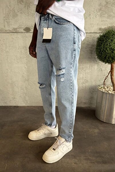 MADZEYMODA Men's Boyfriend Fit Blue Denim Ripped Detail Jean Jeans Mz389