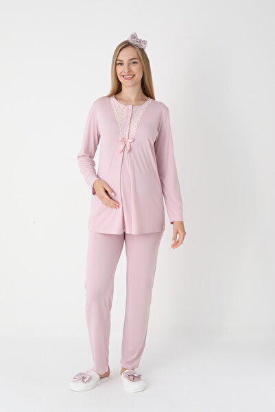 BLACKMORE Women's Powder Color Flounce Sleeves Lace Special Design Cotton Dressing Gown 3-Piece Pajama Set