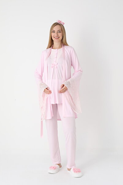 BLACKMORE Women's Pink Flywheel Sleeve Lace Special Design Cotton Dressing Gown 3-Piece Pajama Set