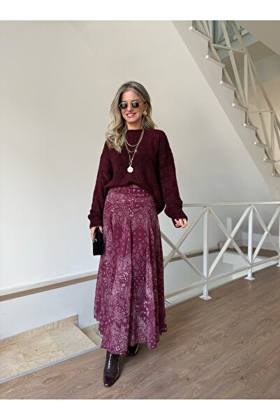 2she Beli Drapeli Şal Desen Midi Etek - Mürdüm