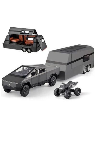 OEM Tesla Cybertruck Metal Car with Trailer, Detachable ATV, Lights and Sounds, Moving Doors, 28cm, Black
