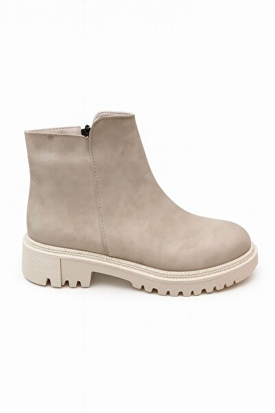 BurEda Collection Kadın Bej Kalın Taban Fermuarlı Bot