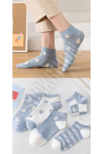 Ay-Ra Collection Mavi Papatya Desenli Kadın Patik Çorap 5 Çift Çorap Seti