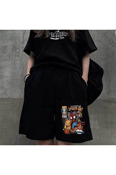 PERISENSE Spider-cat Printed Black Unisex Combed Cotton Shorts