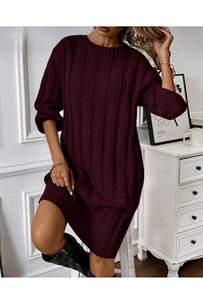 GNY TEXTİLE Crew Neck Long Sleeve Wide Corded Fabric Weaving Detailed Below Knee Knitwear Dress