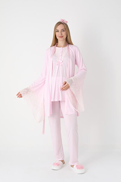 BLACKMORE Women's Pink Flywheel Sleeve Lace Special Design Cotton Dressing Gown 3-Piece Pajama Set