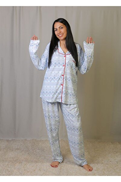 emsal özgür tekstil طقم بيجامة من القطن حواف أسطوانية باللون الأزرق ذو نمط عر...