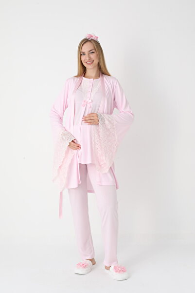 BLACKMORE Women's Pink Flywheel Sleeve Lace Special Design Cotton Dressing Gown 3-Piece Pajama Set