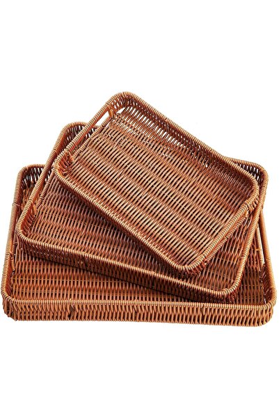 LeylArt 3-Piece Rectangular Rattan Serving Tray Set (30–35–40 cm)