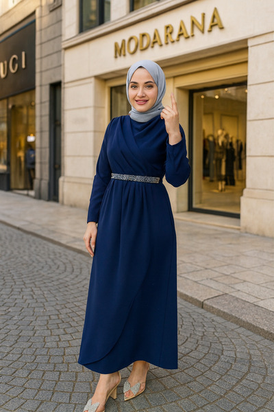 Modarana Nil Seyyar Kemerli Tesettür Elbise