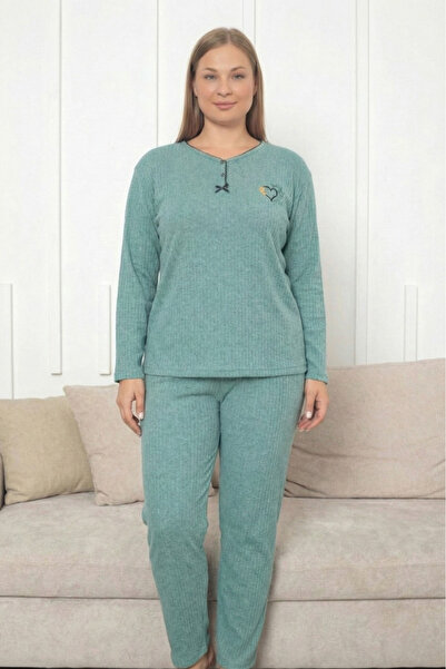 Farya Home Plus Size Cotton Thick Winter Buttoned Stripe Interlock Knitted Pajamas Set