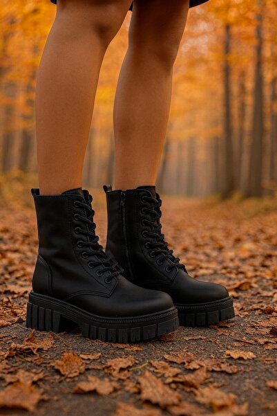 BurEda Collection Kadın Siyah Kalın Taban Bağcıklı Fermuarlı Postal Bot