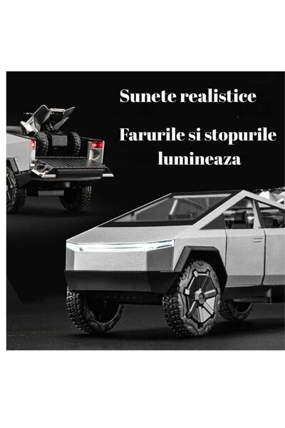 OEM Tesla Cybertruck Metal Car with Trailer and Removable ATV, Lights and Sounds, Moving Doors, 28cm, Gray