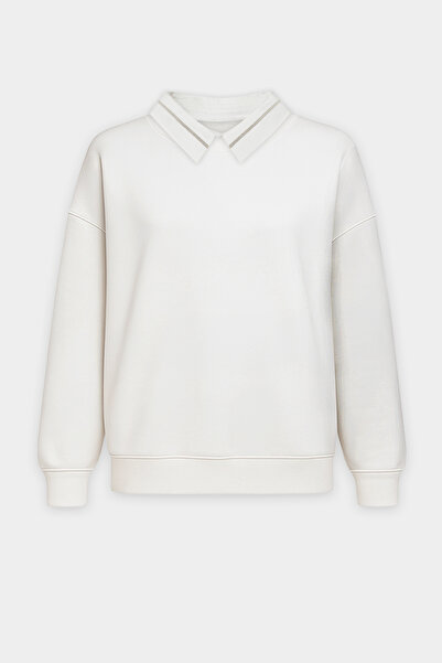 Amia&Co. White Removable Shirt Collar Fleece-Lined Printed Oversized Sweatshirt