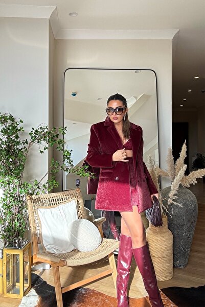 Sohotique By P Fur Effect Blazer Jacket Burgundy