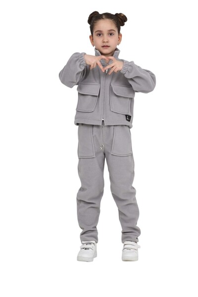 ERDEM KIDS Girl's Zippered Mock Neck Pocket Cotton Bottom Top Double Tracksuit Fleece Set