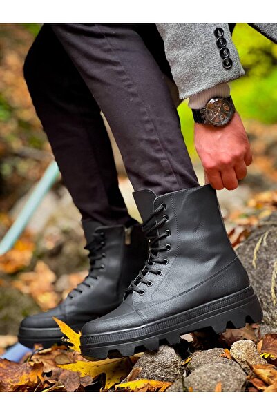 Lucy Shoes Yg0993 Men's Sports Casual Lace-Up and Zippered Leather Boots Cst - Black