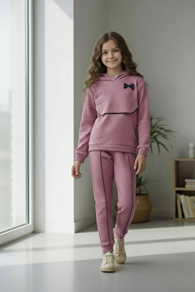 minikiss Cotton Hooded Kıl Piped Detail Top-Bottom Girl's Two-Piece Suit