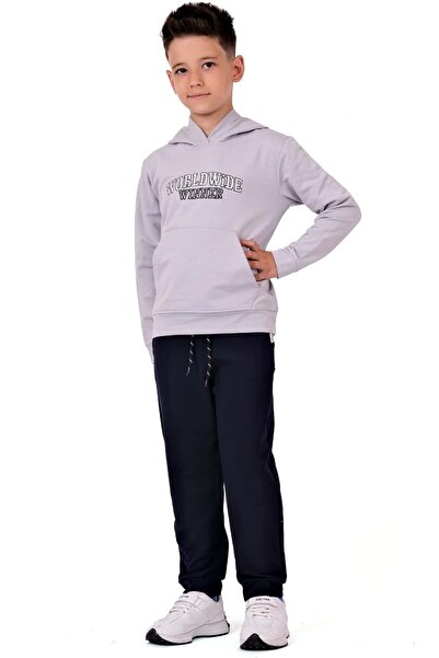 s.t. sebat tekstil Boys' Embroidered Kangaroo Pocket Hooded Sweatshirt Tracksuit Set