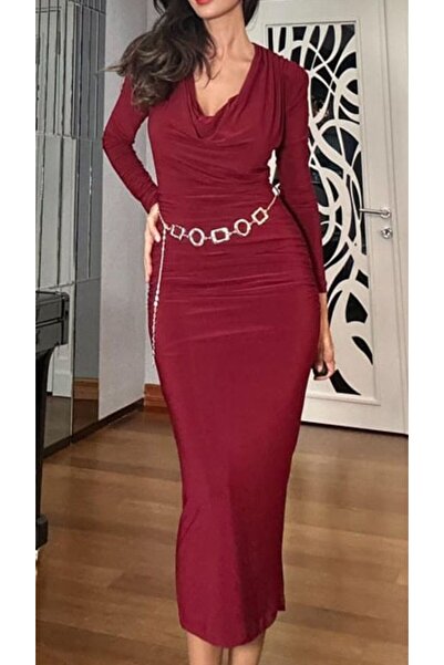 Look Kadıköy Women's Jolia Degaje Collar Ruched Detail Dress with Gold Chain Accessories