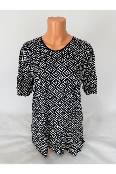 YAŞAR TRİKO Women's Black U-Neck Short Sleeve White Patterned Slit Woven Viscose Mother Combed Cotton T-Shirt