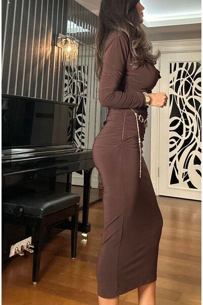 Look Kadıköy Women's Jolia Degaje Collar Ruched Detail Dress with Gold Chain Accessories