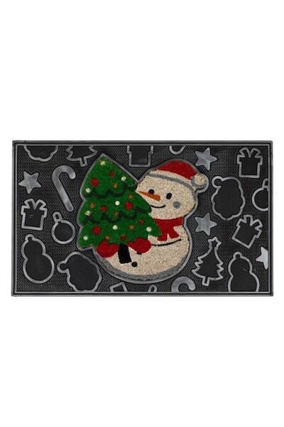 VENITIVO VINDEM CELOR INTELIGENTI Entrance Doormat, Black, Snowman and Christmas Tree Design, 75x45 cm, Coconut Coir Fibers, PVC Backi