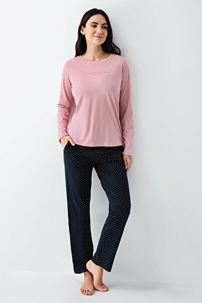 Pierre Cardin Women's Modal-Cotton Long Sleeve Pink T-Shirt Open Leg Regular Fit Pajama Set