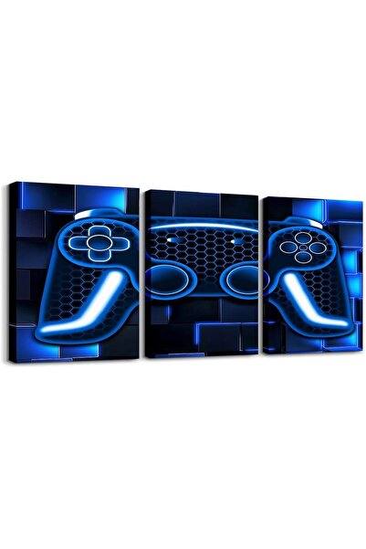 ALAYRA International Framed Gamer Canvas Wall Art Set of 3 – Blue Neon Geomet...