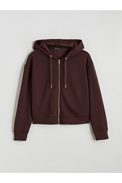 LC Waikiki Bordo Kapüşonlu Kadın Fermuarlı Sweatshirt