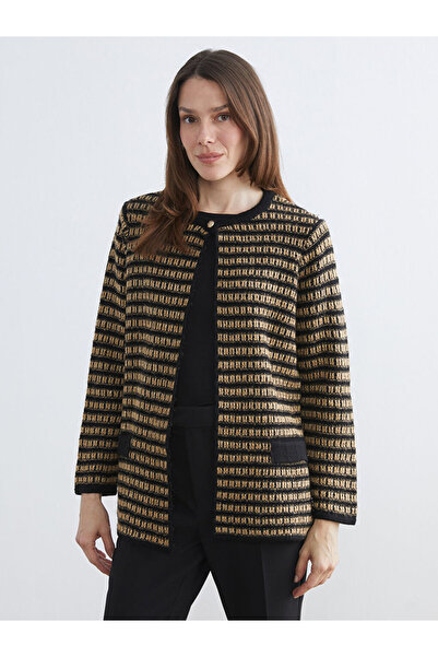 LC Waikiki Siyah Bisiklet Yaka Çizgili Kadın Triko Hırka