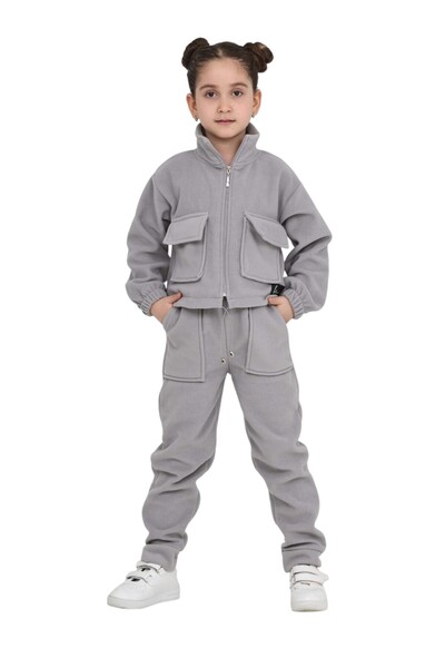 ERDEM KIDS Girl's Zippered Mock Neck Pocket Cotton Bottom Top Double Tracksuit Fleece Set