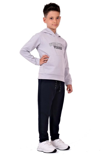 s.t. sebat tekstil Boys' Embroidered Kangaroo Pocket Hooded Sweatshirt Tracksuit Set